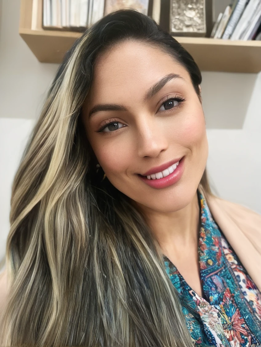 person with long hair, straight and with blonde and dark highlights. The person is wearing a vibrant colored outfit with geometric or floral patterns. Ao fundo, there is a light wooden bookshelf with a few books stacked and a decorative item or photo on top. The wall is white, providing a clean and simple scenario.