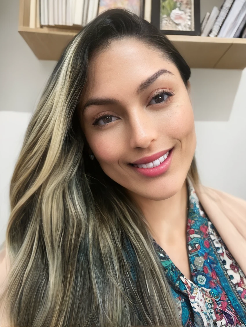  person with long hair, straight and with blonde and dark highlights. The person is wearing a vibrant colored outfit with geometric or floral patterns. Ao fundo, there is a light wooden bookshelf with a few books stacked and a decorative item or photo on top. The wall is white, providing a clean and simple scenario. 

