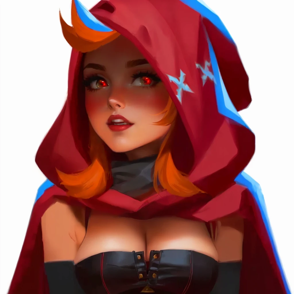 image of a woman with a red cape and a hood, thief red riding hood, red hooded mage, hood and cape, red hoods, dressed in a beautiful red cloak, red riding hood, red cloak, red cape, in a hood, wearing a red cape, rossdraws 1. 0, mighty plump female sorceress, little red riding hood