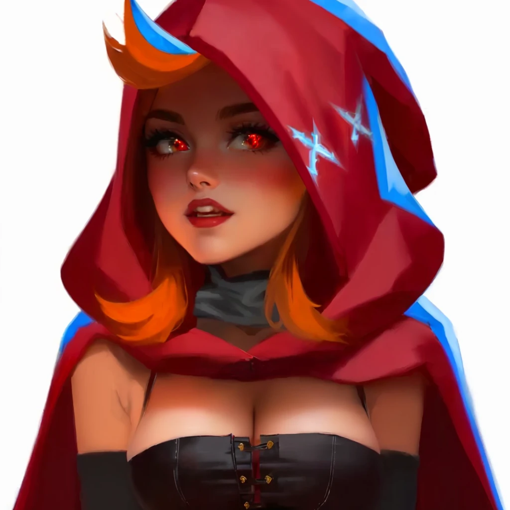 image of a woman with a red cape and a hood, thief red riding hood, red hooded mage, hood and cape, red hoods, dressed in a beautiful red cloak, red riding hood, red cloak, red cape, in a hood, wearing a red cape, rossdraws 1. 0, mighty plump female sorceress, little red riding hood