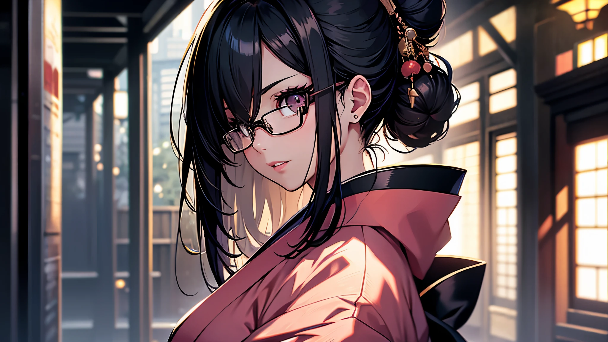 (1girl:1.3), Masterpiece, Best quality, amazing beauty, [[3D]], 4K, absurdres, finely detail, super detailed eye, perfect anatomy, official art, cinematic lighting, BREAK, Japanese-style room, hair bun, black hair, super shiny detailed black eye, big eyes, sparkle(in the eyes), thin eyebrow, Gazing into the Distance, close-mouth, plump lips, Mascara, False eyelashes, pink lips, eyewear, happy face, BREAK , usually, tall, slender, fair skin, crossed arms, full body, from side, BREAK , , BREAK,(kimono:1.3)