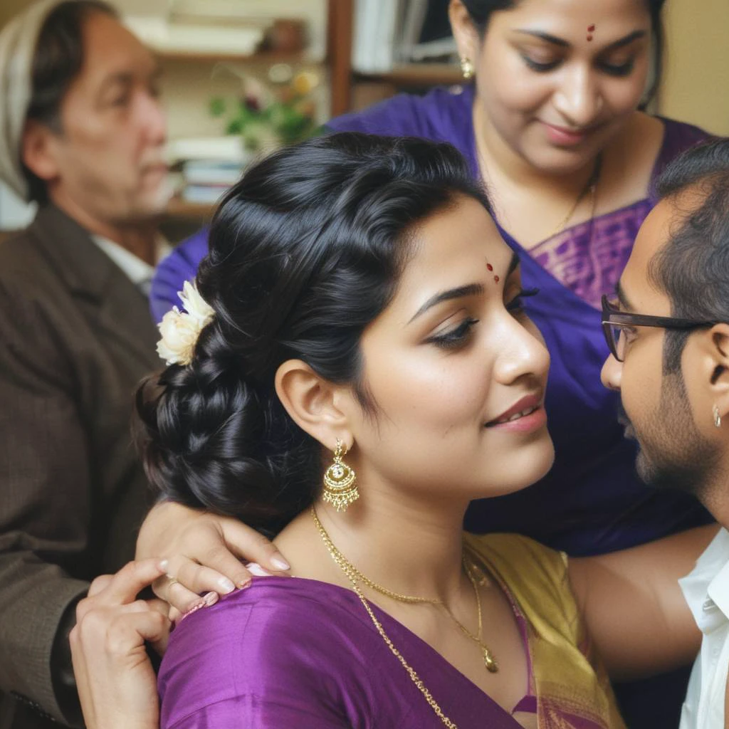 A 50-year-old man  affectionately hugging and kissing on lips of a radiant, full-figured South Indian  45 year old very beautiful bride wearing a purple silky saree and blue blouse in  office, other people cheering next to them, captured in a full-body image with vibrant hues and meticulous details. Full body image