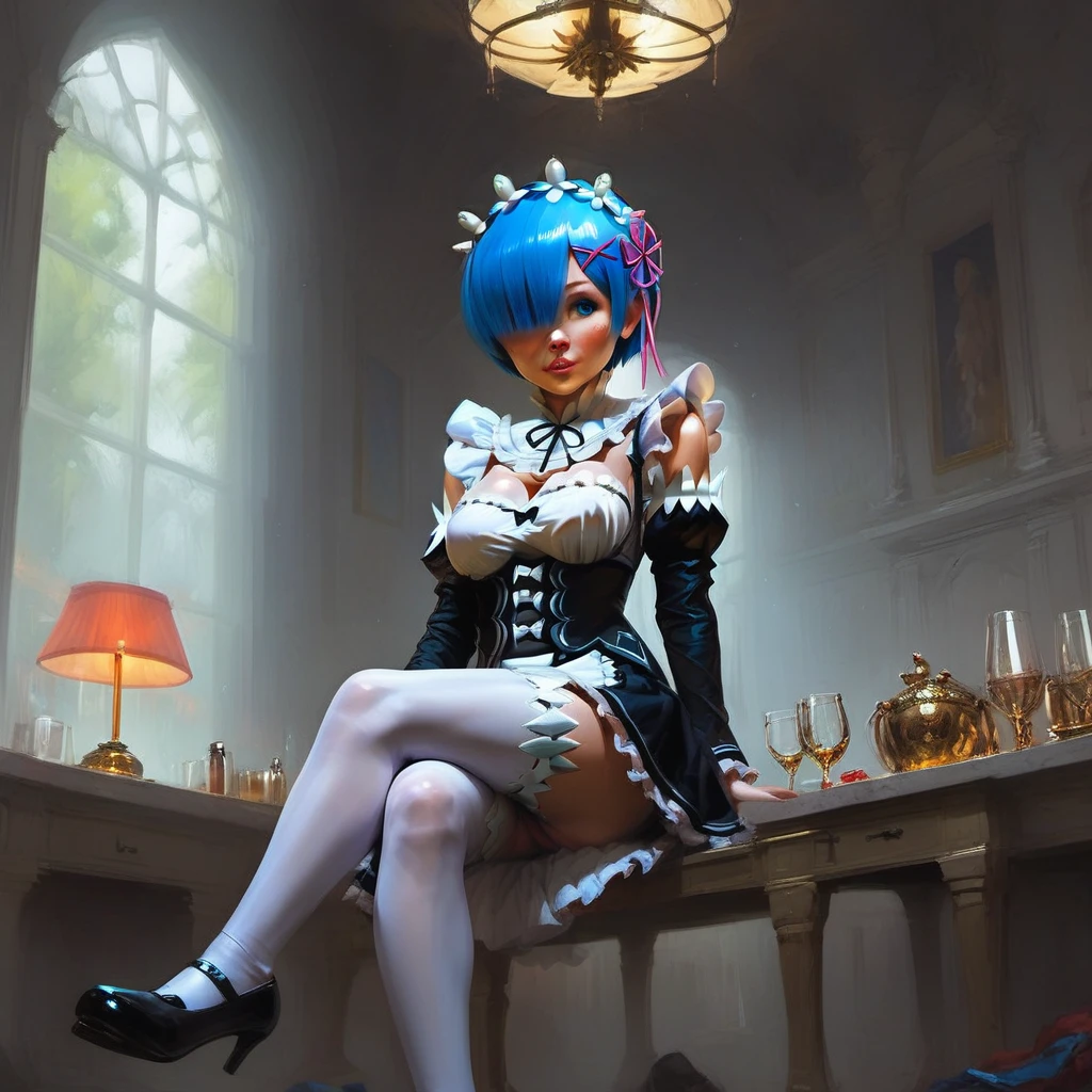 score_9, score_8_up, score_7_up, rem_\(re:zero\)
blue_eyes,hair_over_one_eye,short_hair,blue_hair,hair_ribbon,roswaal_mansion_maid_uniform, 1girl, solo, sitting, crossed legs, from below
Masterpiece, best quality, detailed eyes, perfect face, award winning, hyper-realistic