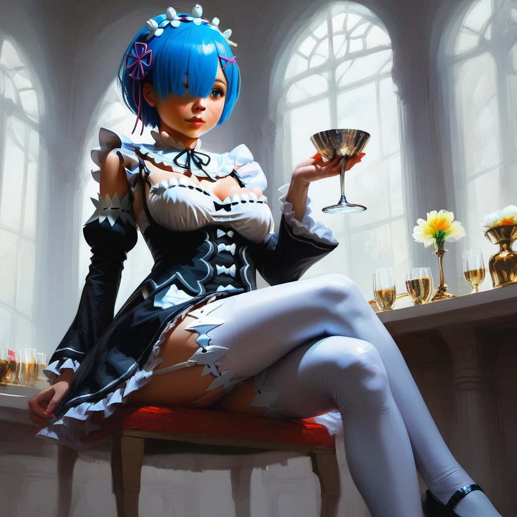 score_9, score_8_up, score_7_up, rem_\(re:zero\)
blue_eyes,hair_over_one_eye,short_hair,blue_hair,hair_ribbon,roswaal_mansion_maid_uniform, 1girl, solo, sitting, crossed legs, from below
Masterpiece, best quality, detailed eyes, perfect face, award winning, hyper-realistic