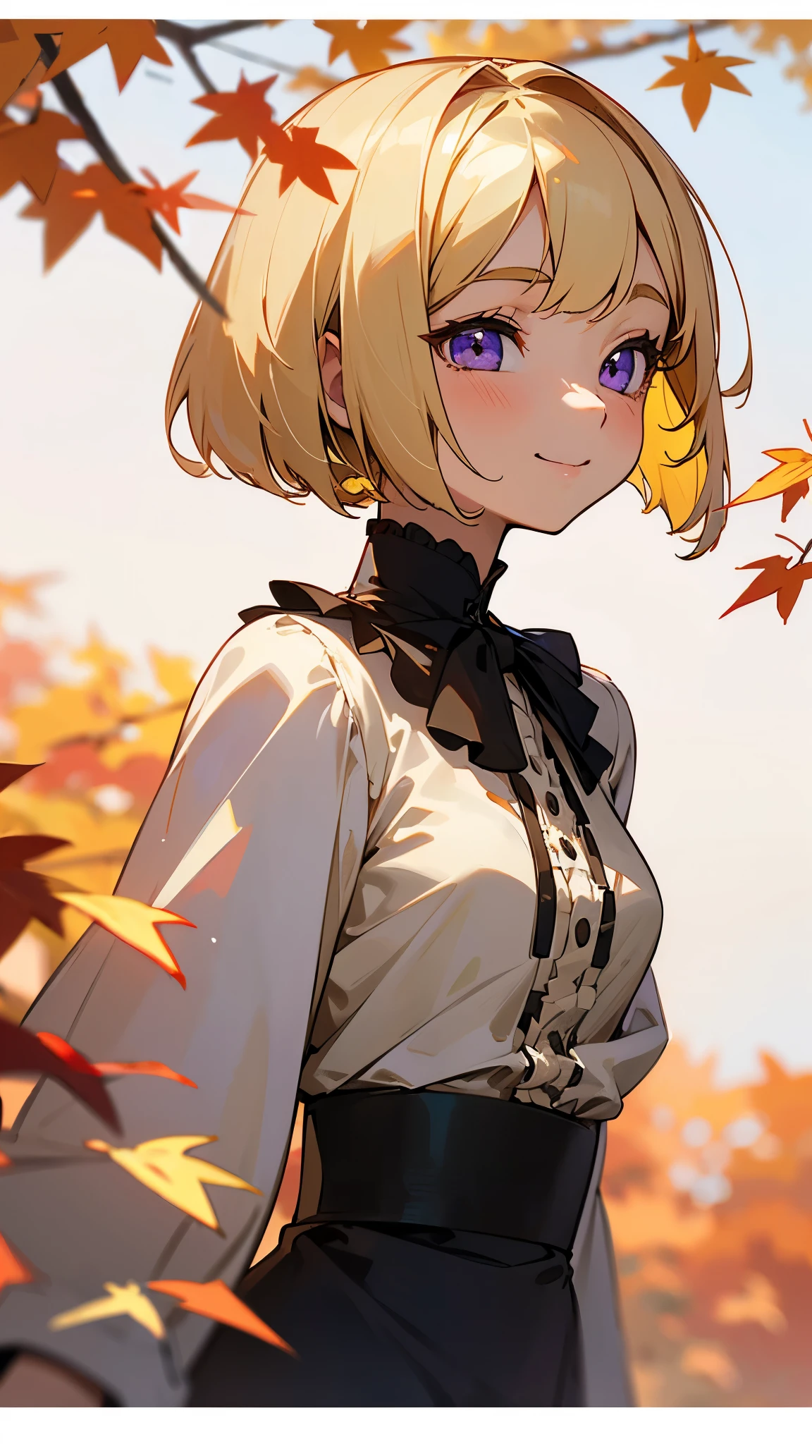 1 Girl、Anime-style paintings、Upper body close-up、From the side、Bento box、Small breasts、smile、(blonde)、Bobcut、Beautiful purple eyes、Frilled blouse、Autumn leaves park、Background Blur, Written boundary depth