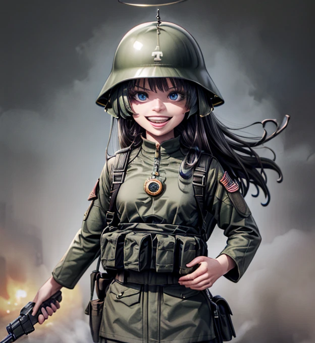 8K Ultra High-Quality) (Masterpieces) (figure: KIRUKO) 1 Girl, solo, long hair, wearing US Army Uniform from Vietnam war era, wearing US Army helmet from Vietnam war, carrying US Army bag, holding M16A1 Colt firearm, laughing looking at viewer.