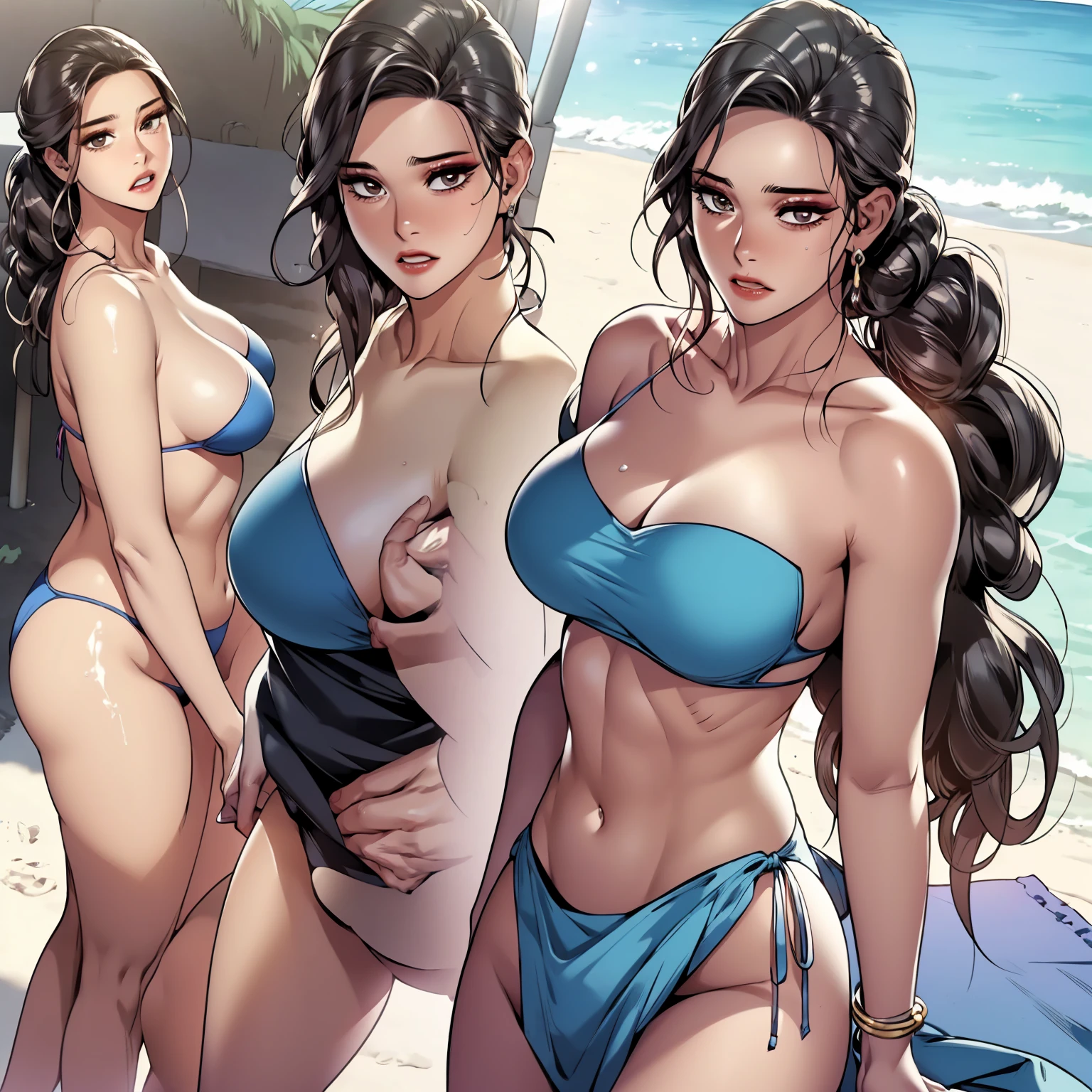 Ami in a sexy bikini on the beach, milf,big breast,thick milf, ,makeup,perfect face ,perfect eye,wearing a beach towel ,sexy posture,flirty eyes,full body portrait