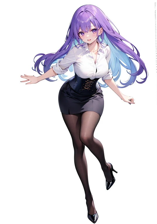 Purple hair,long hair,Adult female,((White shirt)),((Rolling up your sleeves shirt)),(corset),(skirt),High heels,((Simple White background)),Smile,((Full body)),((whole body)),(((upright)))