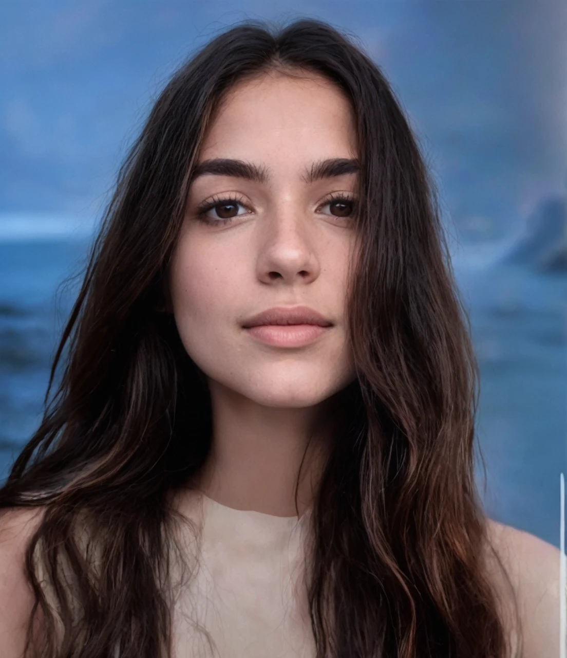 A young-adult woman with long black hair and brown eyes, hyperdetailed and realistic, sitting on the beach at Buzios Rio de Janeiro