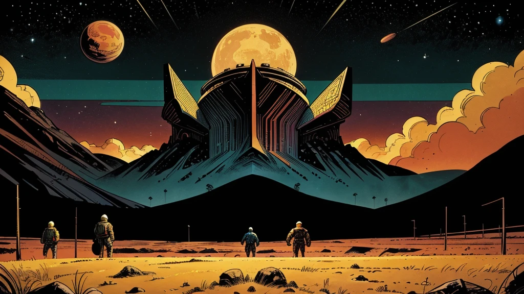 Use this prompt to create an image in the style of 1950s-70s comic book art. Use bold outlines, halftone patterns, and exaggerated perspective. Employ intense, saturated colors reminiscent of vintage four-color printing. Maintain a psychedelic, otherworldly atmosphere with swirling, colorful skies and strange celestial bodies. Emphasize the contrast between light and shadow to create a dramatic, pulp sci-fi feel. Create an image of: barren alien planet
