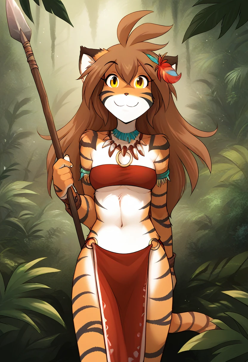 score_9, score_8_up, score_7_up, score_6_up, score_5_up, score_4_up, rating_explicit, source_furry, female, cute anthro female, cute face, jungle, detailed background, looking at viewer, solo, solo focus, long hair,orange fur, smile, brown hair, tkflora, striped fur, ahoge, (no nipples, no vagina:1.4), (tribal outfit, red o-ring bandeau:1.4), (pelvic curtain made of leaves:1.4), (feather on hair:1.4), (stone spear:1.4), tiger ears