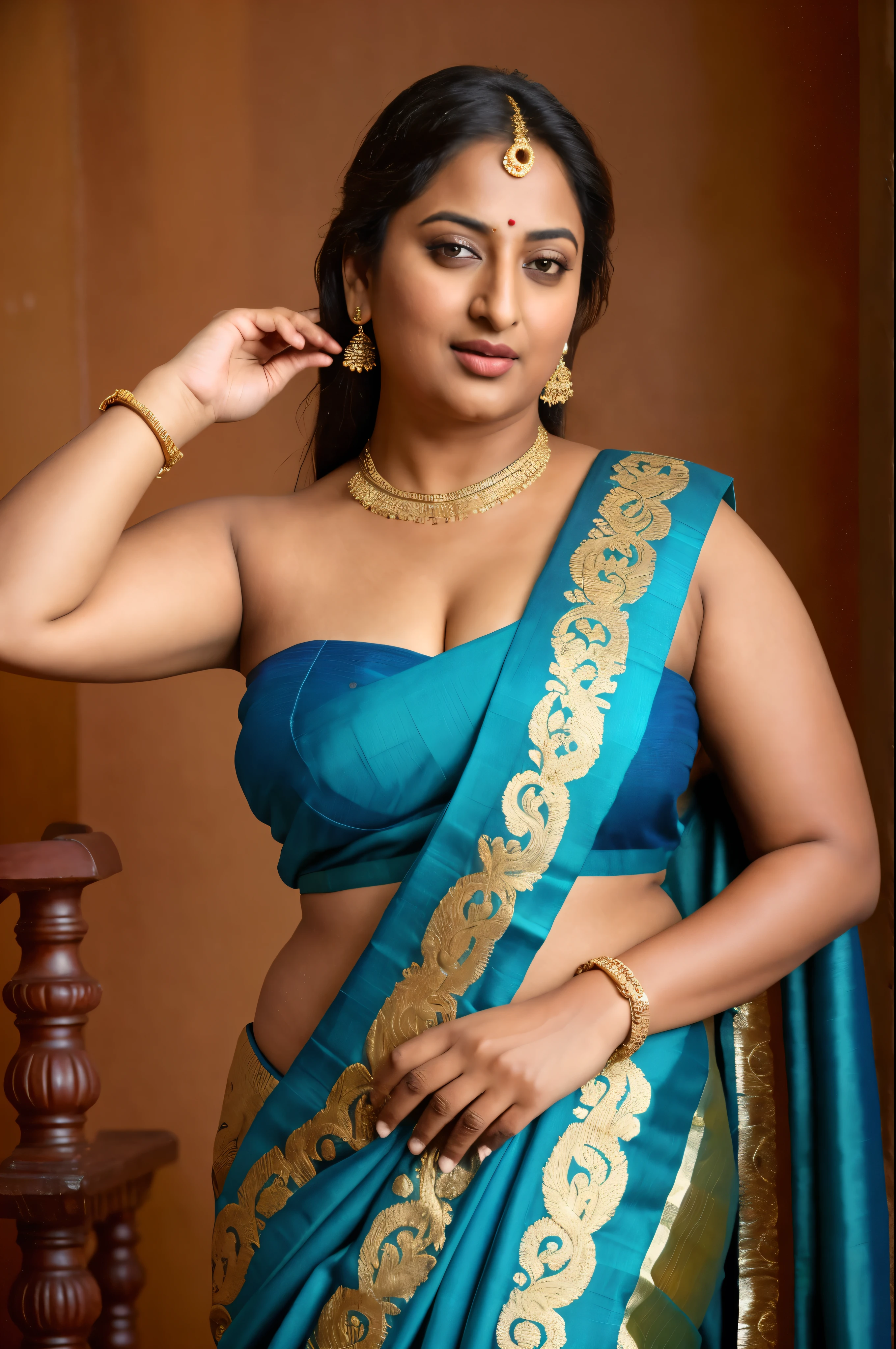 Sexy fat plus size indian bhabhi, big Indian mommy, big Indian aunty bhabhi, wide body , heavy figure, sleeveless blouse, desi hot aunty, looks like Kajal Agarwal, wearing sleeveless saree blouse, sexy sequin saree, bold saree fashion, bong saree fashion, bold hot photoshoot, sexy sequin saree, she has fleshy arms and fat wide belly, sexy armpits, showing her attractive fleshy figure, high quality skin, skin pores, skin texture, deep juicy navel, sexy navel folds, fleshy figure, jiggly belly, hyper realistic skin, RAW Foto, 