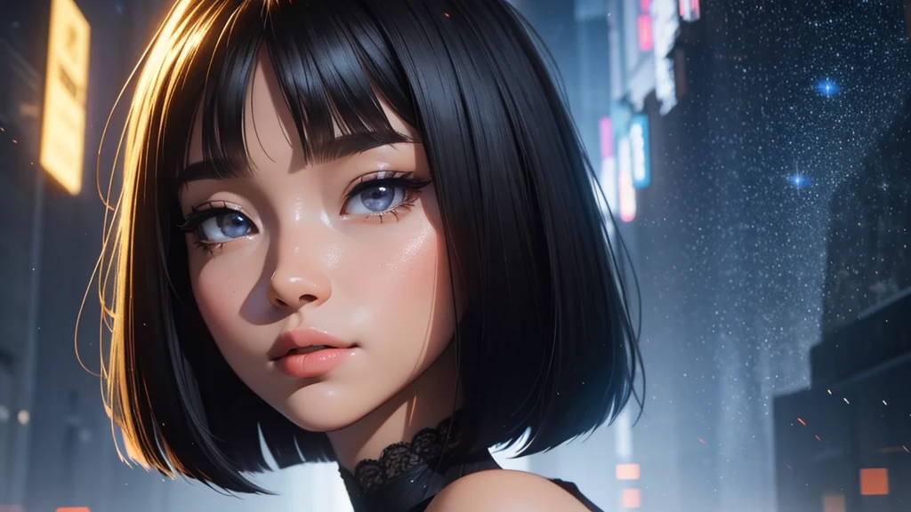 best quality,Perfect masterpiece,perfect work of art,8K, A very detailed beautiful woman, Perfect face,Black Hair, bob cut,Bangs, Gray eyes,Beautiful starry sky background, Super detailed, delicate face, Pearl Illusion, fashion trends,3s materials,HD,Detailed performance,C4D,3d,Octane Rendering,Ray tracing,Intricate details,animated lighting,Renderer,8K,