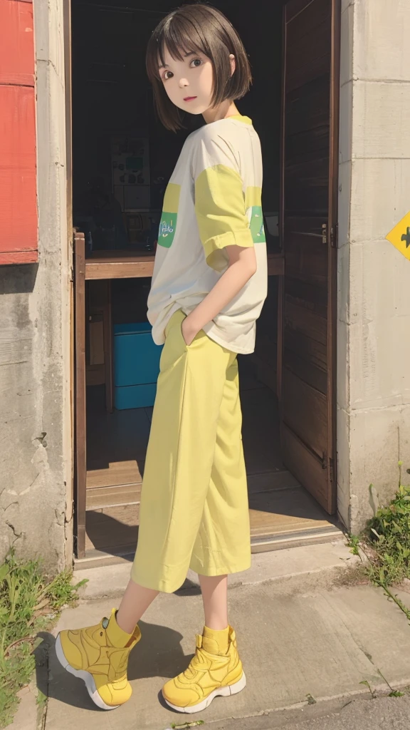 ((Highest quality)), ((masterpiece)), (detailed),
A beautiful girl with short black hair wearing a short-sleeved summer shirt and summer pants in the style of the Yellow Revolution、refreshing、fine、bright、smart、Vision、whole body、Fullsize、