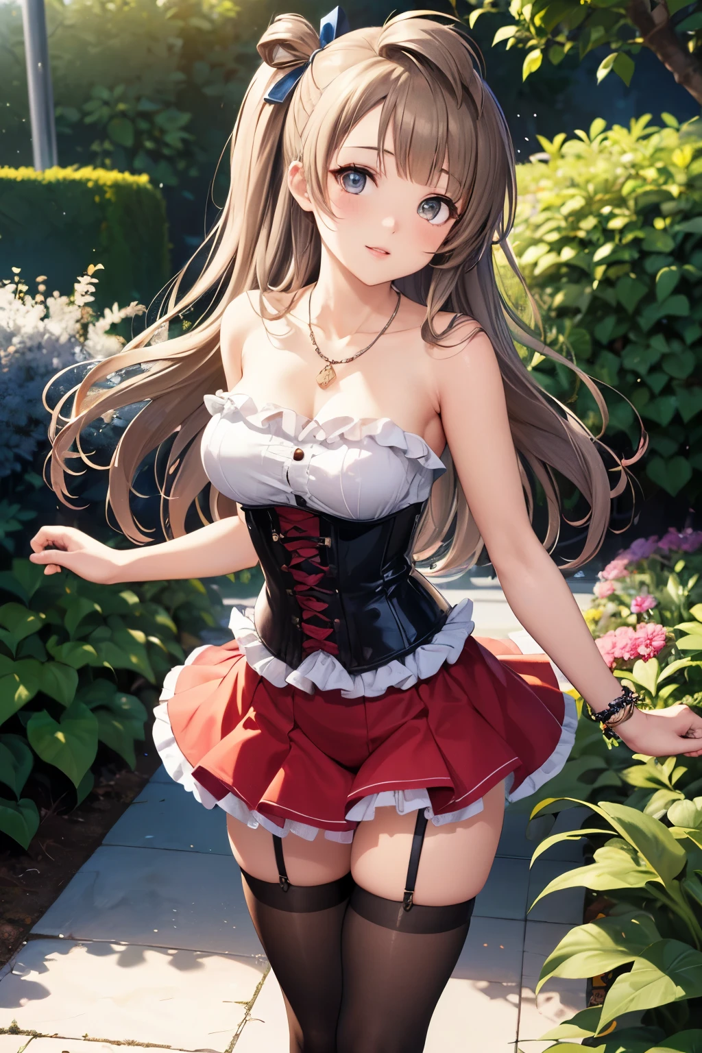 Minami Kotori, One side up, Hair Ribbon, masterpiece, top quality, high resolution, unity 8k wall paper, illustration, detailed eyes, extra detailed face, Highly detailed CG, glossy lips, light makeup, standing, necklace, (garden), strapless corset, thigh highs