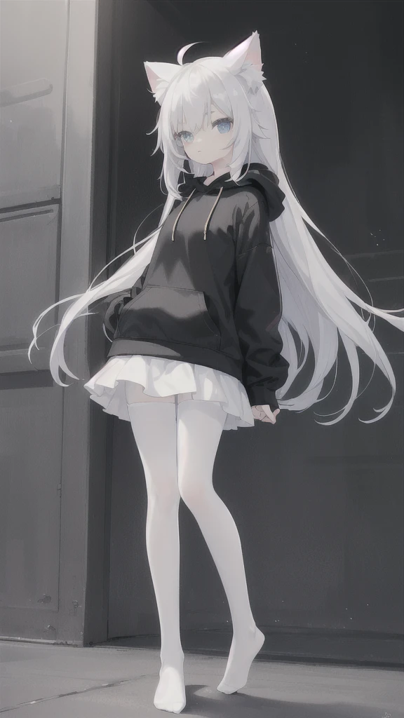 Highest quality，Little beautiful girl，Cat ear，Long white hair，Light blue eyes，cute, young, Black Pantyhose，Hoodie with big sleeves，No shoes，Put your arms behind your back，