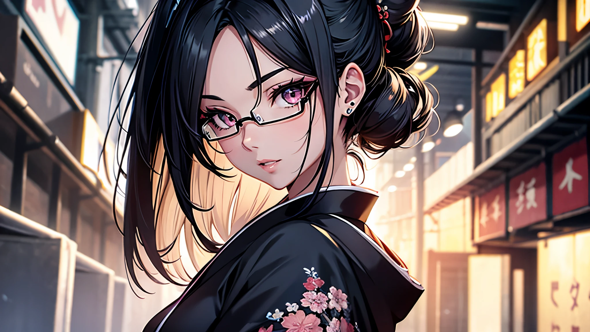 (1girl:1.3), Masterpiece, Best quality, amazing beauty, [[3D]], 4K, absurdres, finely detail, super detailed eye, perfect ???????, official art, cinematic lighting, BREAK, Japanese-style room, hair bun, black hair, super shiny detailed black eye, big eyes, sparkle(in the eyes), thin eyebrow, Gazing into the Distance, close-mouth, plump lips, Mascara, False eyelashes, pink lips, eyewear, happy face, BREAK , usually, tall, slender, fair skin, crossed arms, full body, from side, BREAK , , BREAK,(kimono:1.3)
