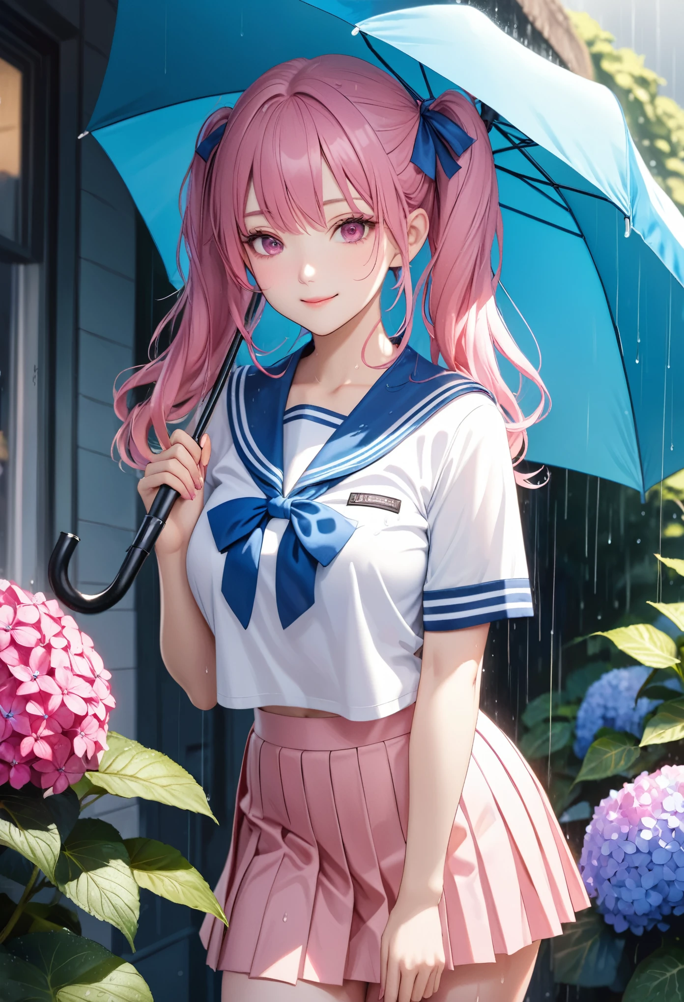 (8K, masutepiece, Best Quality, Official art, beautiful detailed, beautiful lighting, best masterpiece in history that exceeds limits), (1 Girl, Solo), (sixteen years old), (beautiful detailed face), (shiny white skin), (Beautiful big bust:1.3), (thighs), (beautiful detailed pink twin tails hair, Bangs:1.3), (beautiful detailed drooping pink eyes:1.5), (high school uniform:1.3), (patsel blue sailor collar, white short sleeves short length outing shirt, pastel blue pleated skirt, patsel blue ribbon:1.3), (happy smile:1.2), (Attractive, Look at the camera, cute pose), breathtaking scenery, (ultra detailed realistic Beautiful rain, rainy season, hydrangea, Holding an umbrella:1.2),