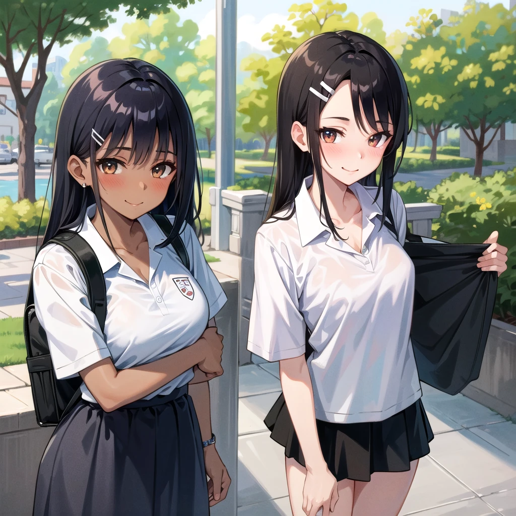 ((best quality)), ((masterpiece)), (details), one girl, sexy ((best quality)), ((masterpiece)), (details), one girl, sexy ((best quality)), ((masterpiece)), (details), one girl, full body, sexy expensive body, expensive, long legs, mature woman, mature, adult, it_nagatoro_main, Hayase Nagatoro, one girl, blushing, alone, uniform polo shirt, short sleeves, black hair, bag, brown eyes, hair accessory, looking at viewer, hair clip, outdoors, backpack, smiling, long hair, dark skinned woman, dark skin, , bangs, daytime, skirt, collared shirt, collarbone, ear clip, mouth closed, tree, asymmetrical bangs, upper body