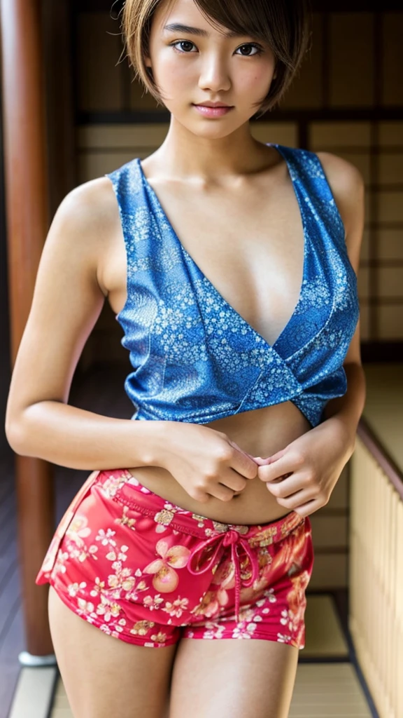 lifelike, (photorealistic) , 1girl , perfect body , japanese , yukata dress festival , intricate face details, super fine eyes , short hair , flawless beauty , wearing a short tank top , tight shorts