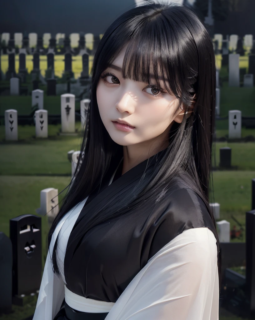 (Highest quality, 32k, High resolution, Masterpiece:1.5), marimo_jet, Ghosts wandering the cemetery at night, Evoking a sense of calm and elusive beauty, Expressing emotions, Have a rich imagination, Beautiful Japanese Girls, An exceptionally beautiful face, Small Face Beauty, , Perfect Human Anatomy, Magical big eyes, Motherhood and generosity, Deep Love, Fleeting Expression, Shiny black hair, Neat, super long, straight silk hair, Asymmetrical bangs, Hair between the eyes, Transparent, soft white skin, Sharp eyebrows, Thin lashes, Natural Makeup, ((Simple white kimono:1.3)), ((Japanese Cemetery:1.5)), ((Simple gravestone)), ((Midnight Darkness:1.7)), ((Pitch black night sky:1.2)), Professional photographer, Professional Lighting, Professional models