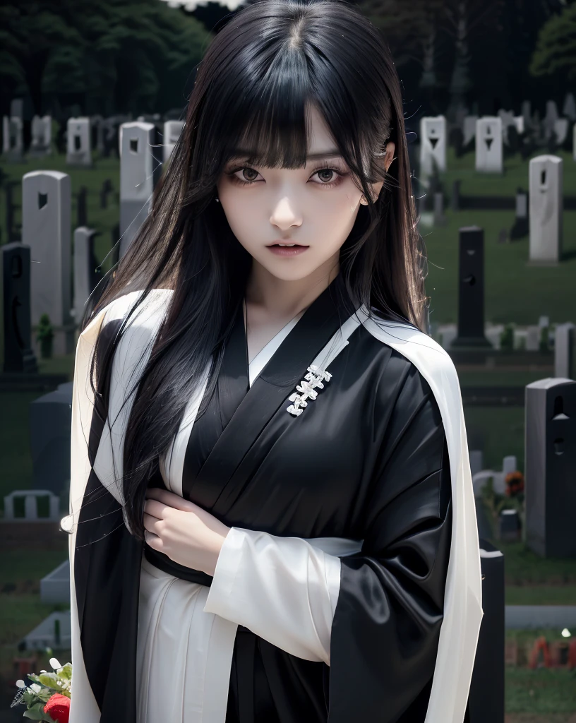 (Highest quality, 32k, High resolution, Masterpiece:1.5), marimo_jet, Ghosts wandering the cemetery at night, Evoking a sense of calm and elusive beauty, Expressing emotions, Have a rich imagination, Beautiful Japanese Girls, An exceptionally beautiful face, Small Face Beauty, , Perfect Human ???????, Magical big eyes, Motherhood and generosity, Deep Love, Fleeting Expression, Shiny black hair, Neat, super long, straight silk hair, Asymmetrical bangs, Hair between the eyes, Transparent, soft white skin, Sharp eyebrows, Thin lashes, Natural Makeup, ((Simple white kimono:1.3)), ((Japanese Cemetery:1.5)), ((Simple gravestone)), ((Midnight Darkness:1.7)), ((Pitch black night sky:1.2)), Professional photographer, Professional Lighting, Professional models
