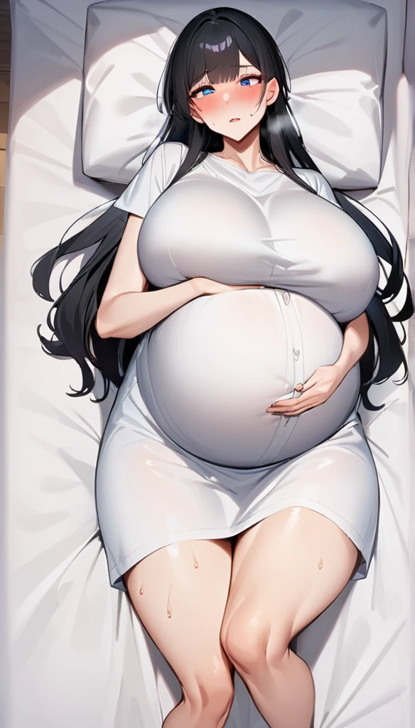 Lying in bed, 24-years-old, Huge breasts, soft, Sweat, Super big breasts, long black hair, Straight bangs, Full body illustration of a blue-eyed girl, Embarrassed, Pregnant