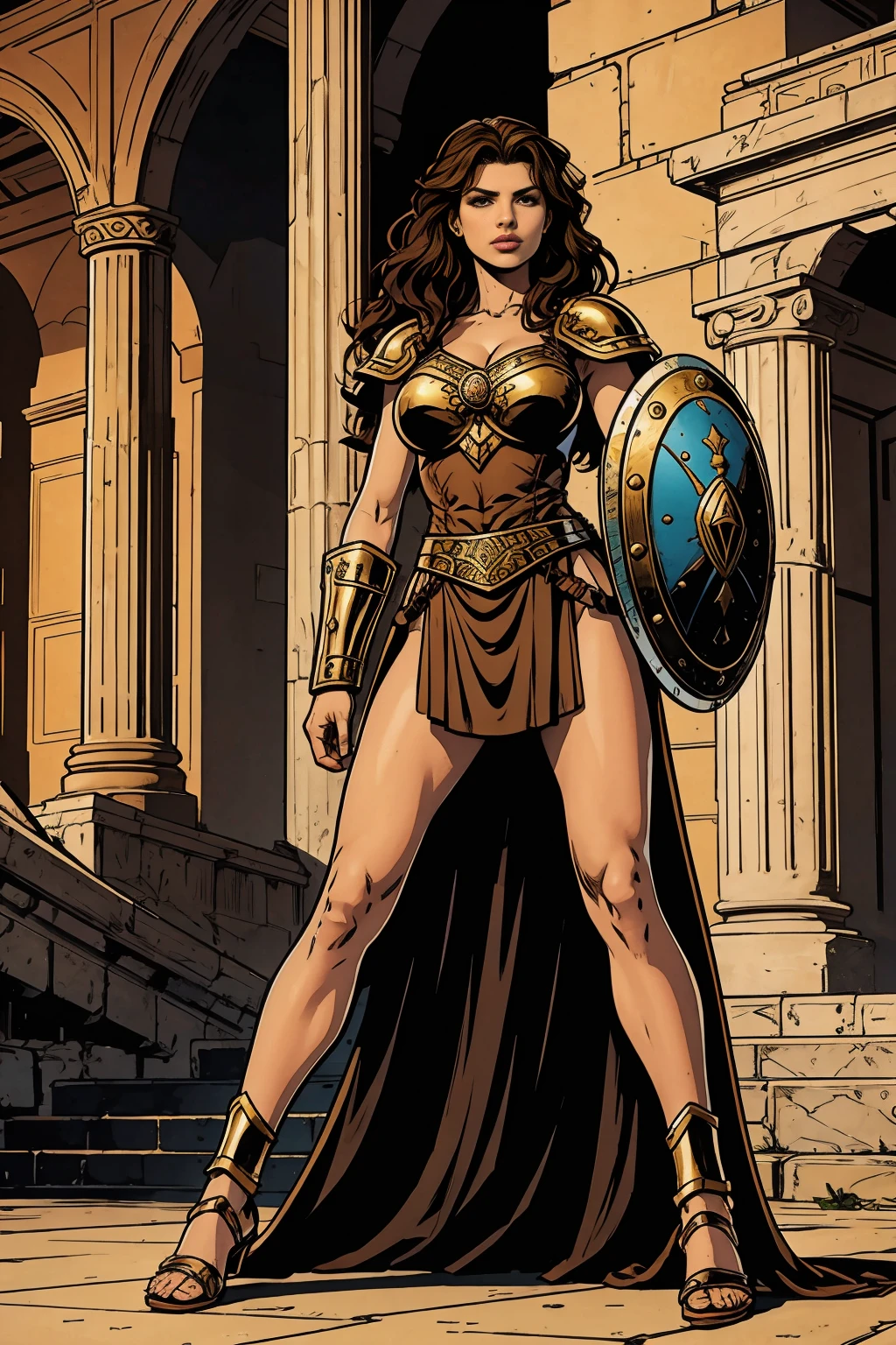 ((full body photo, standing, feet on the ground))1 mature woman, Amazon warrior of themiscera, long curly hair, brown hair, dark brown eyes, thin lips, round face, wearing Greek battle helmet, huge breasts covered by well-protected and imposing Greek Amazon armor holding a short sword and a shield with a lion's head,She's in the coliseum, inside an arena