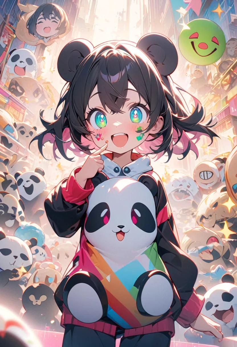 Black Hair, Slope hair, Double Bang, Crossed bangs, Pin your bangs back, Face Paint, aqua eye, eyeball, wide eye, Slope_eye, elongated pupils, The pupils shine, solid circle eye, pink eye, Food on face, tongue, Finger smiley face, Performance, Bright Eyes, Smiley, Sparkle, Laughter, Happy, Excited, Verbal invitation, Surrealism, Pop Art, Shining Light, Cowboy Shot, 8K, Super detailed, 超High resolution, retina, retina, masterpiece, Accurate, Anatomically correct, Textured skin, Super detailed, Attention to detail, high quality, Awards, 最high quality, High resolution、Create an anime-style illustration of an anthropomorphized panda girl with a cute face. She is wearing a panda-themed outfit.、He is a big eater, Lively, Tomboyish personality. Bamboo is depicted in the background, Some elements of the illustration should remind the viewer of a panda.. The world should be colorful and pop., Only one character exists.
