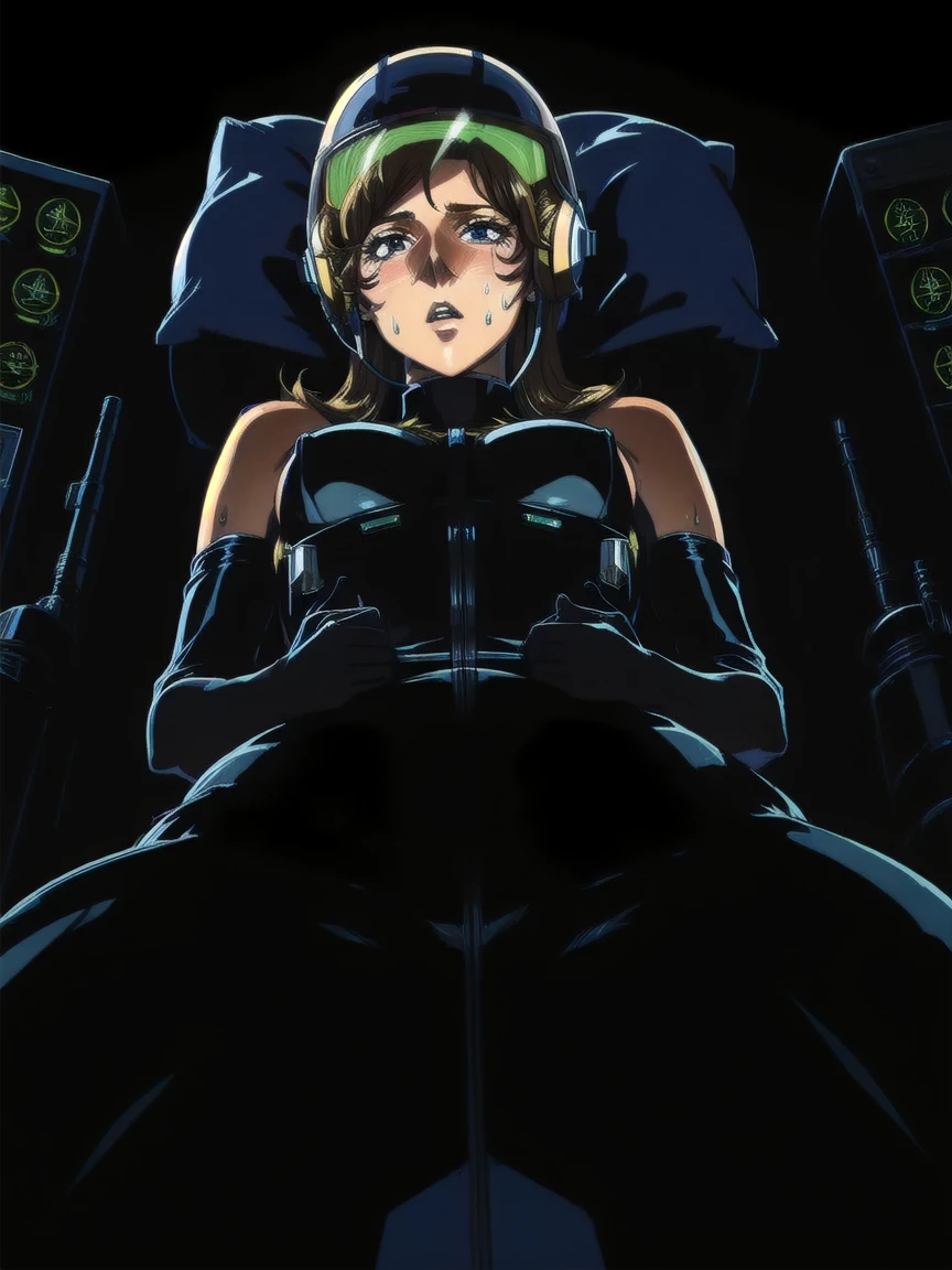 ((gothic vampire piloting in gothic spacecraft)), (((retro anime))), (from below), ((120 fov)), ((((gothic control panels)))), ((mature)), (((gothic))), iridescent bodysuit, ((lace accessories)), ((pilot seat)), ((((lying back)) pose)), ((elegant)), (((serious tone))), futuristic, ((cockpit top control panel)), intricate control panel details, (close-up), 1990s (style), [blushing], [sweat], masterpiece, ((claustrophobic)), sparkles, best quality, screens, ((pilot helmet)), ((hands on controls)), night, ((cockpit lights))