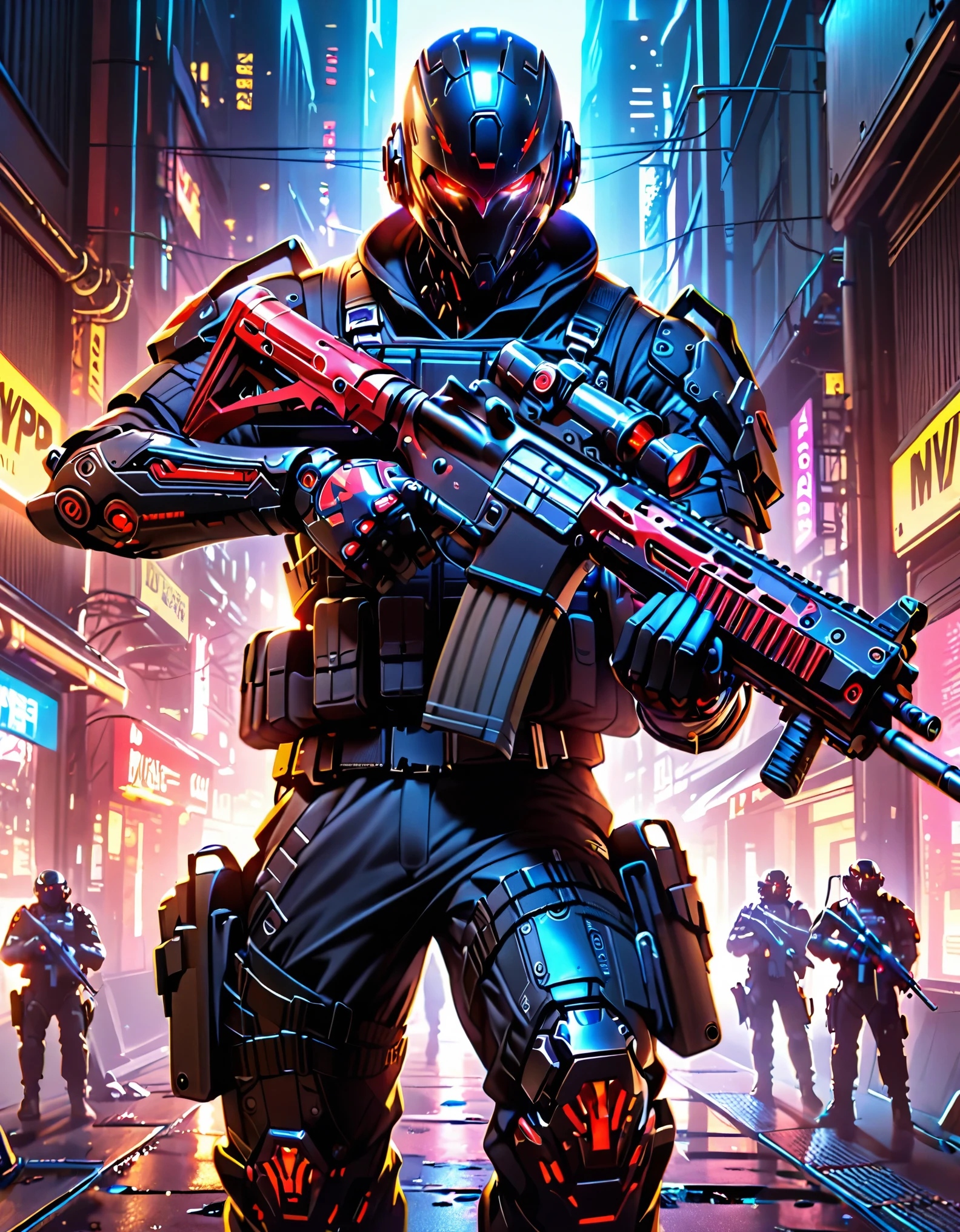 masterpiece, best quality, highres, 1man, 1cyborg, male focus, solo, solo focus, male focus, perfect hands, NYPD swat officer, jet black uniform, hi-tech cyborg head with red eyes, boots, mechanical arms, cyborg, matching gloves, assault vest, holding an assault rifle, m16, cyberpunk lighting, danger atmosphere, new york.
