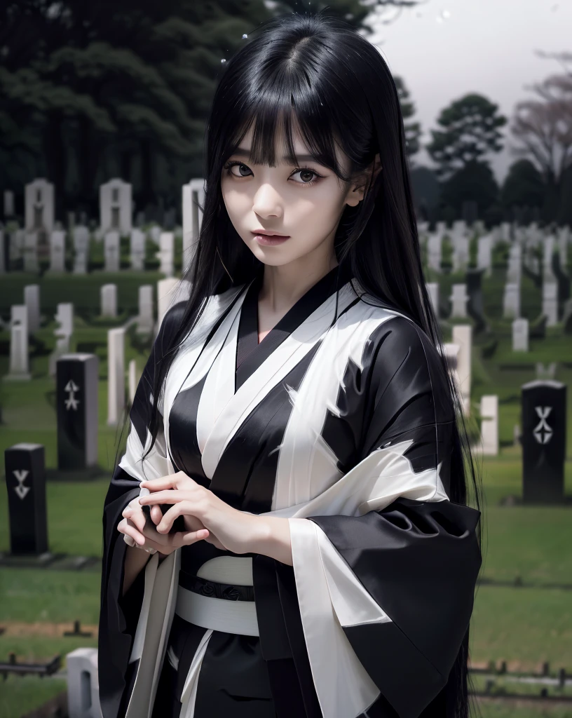 (Highest quality, 32k, High resolution, Masterpiece:1.5), marimo_jet, Ghosts wandering the cemetery at night, Evoking a sense of calm and elusive beauty, Expressing emotions, Have a rich imagination, Beautiful Japanese Girls, An exceptionally beautiful face, Small Face Beauty, , Perfect Human Anatomy, Magical big eyes, Motherhood and generosity, Deep Love, Fleeting Expression, Shiny black hair, Neat, super long, straight silk hair, Asymmetrical bangs, Hair between the eyes, Transparent, soft white skin, Sharp eyebrows, Thin lashes, Natural Makeup, ((Simple white kimono:1.3)), ((Japanese Cemetery:1.5)), ((Simple gravestone)), ((Midnight Darkness:1.7)), ((Pitch black night sky:1.2)), Professional photographer, Professional Lighting, Professional models