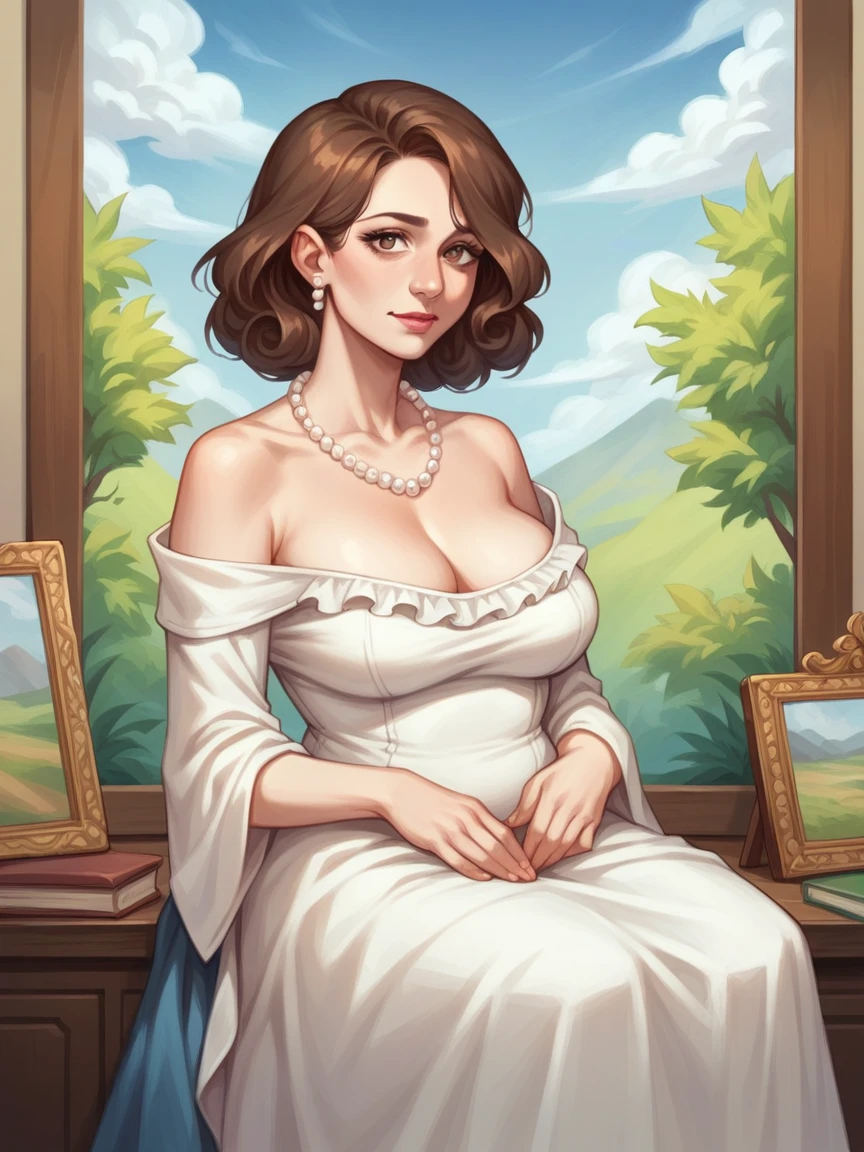 ((Best quality)), ((masterpiece)), (detailed), 3/4 illustration of a middle aged female character with soft short shoulder length brown hair and hazel eyes, motherly, milf, full figure, soft expression, older, aged 40, digital art painting style, digital portrait, white blouse, pearls, sitting