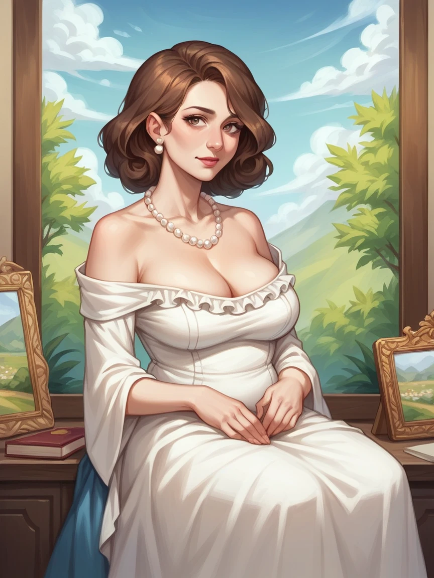 ((Best quality)), ((masterpiece)), (detailed), 3/4 illustration of a middle aged female character with soft short shoulder length brown hair and hazel eyes, motherly, milf, full figure, soft expression, older, aged 40, digital art painting style, digital portrait, white blouse, pearls, sitting