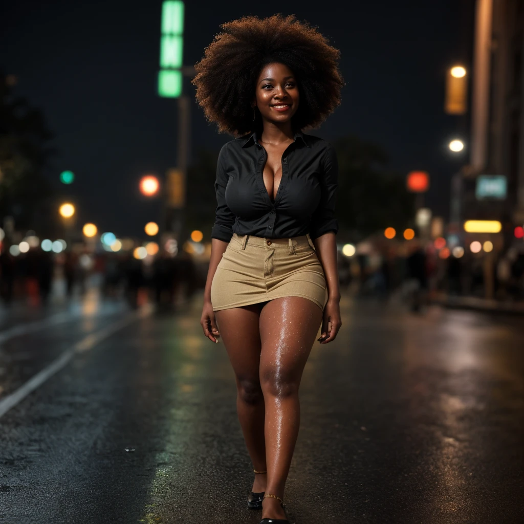 ((ONE GIRL)). best quality, ultra-detailed, hyper realistic, 8k, full body shot, 23 years old, Nigerian beautiful girl, round shaped face, dark black skin, highly detailed skin with blemishes, ebony, dark natural afro hair, fit athletic figure, full body, big natural E cup breasts, big butt, wide hips, under the rain, wearing a shirt, long skirt, cleavage, wet skin, smiling, in the crowded city streets at night, city lights as background