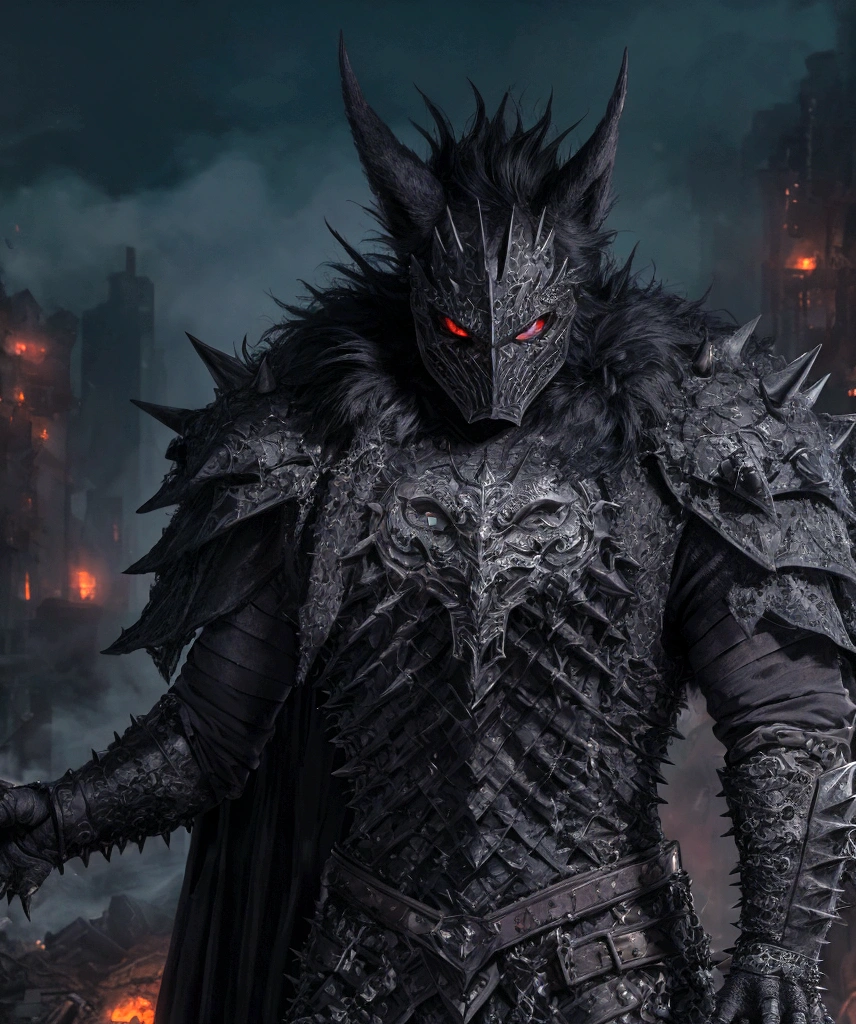(extremely detailed 8k wallpaper), a medium shot photo of Grim dressed as a scary masked furry-supervillain in a spiked armour made of fur glowing armour with spikes from marvel, theme, intricate, high detail, dramatic, furry monster and destroyed buildings in the background