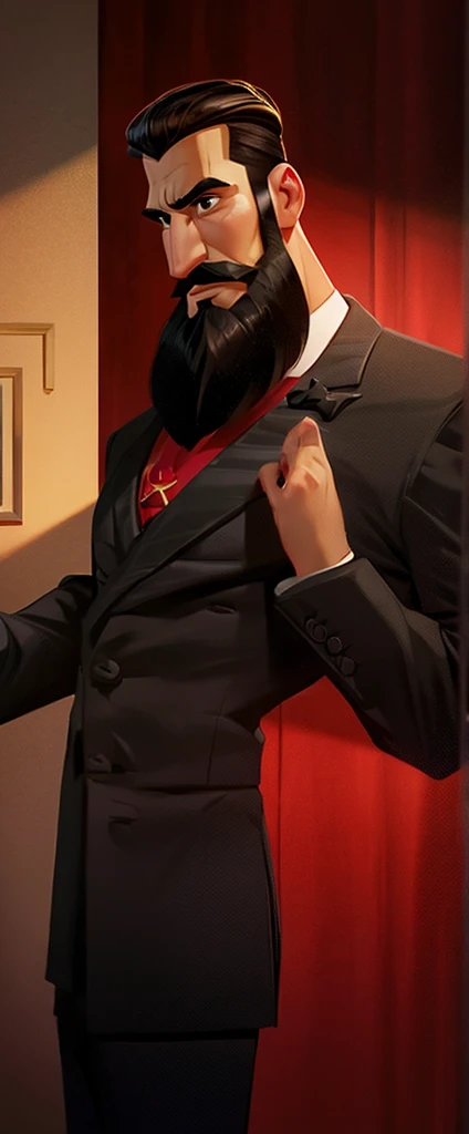 A man with a bushy beard, brunette hair but with a blonde topknot, wearing a black suit with a red tie, style cartoon (arm) - Renan Souzones