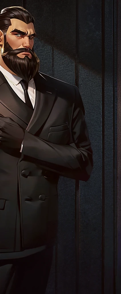 A man with a bushy beard, brunette hair but with a blonde topknot, wearing a black suit with a red tie, style cartoon (arm) - Renan  Souzones 