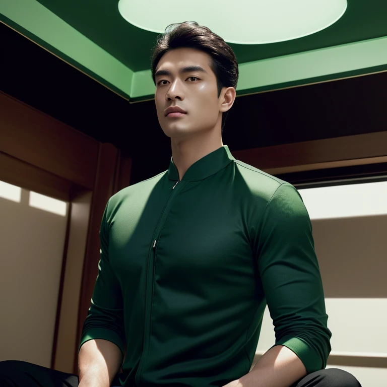 arafed man in a dark green round neck shirt, Green Shirt, Elegant dark green clothes, in the style of sifu :2, smooth hair, Handsome Chad Chin, In a dark green round-neck shirt, Green Shirt, smooth hair, Handsome Chad Chin,, Rafael Pernaz, wearing a green suit, Chai Sukun, Wearing a dark green bomber jacket. 8K images., Shot with a high quality Fuji 45 camera., Pixels, best quality, Masterpiece:1.2), (realistic, photo-Southeast Asians with round faces, Open the aperture wide., professional lighting, Sony A7R4, 50 mm sitting lens. 2 black eyes,muscle, (digital painting, HDR, high contrast), 3d, 8K, 45,000,000 pixcls,
