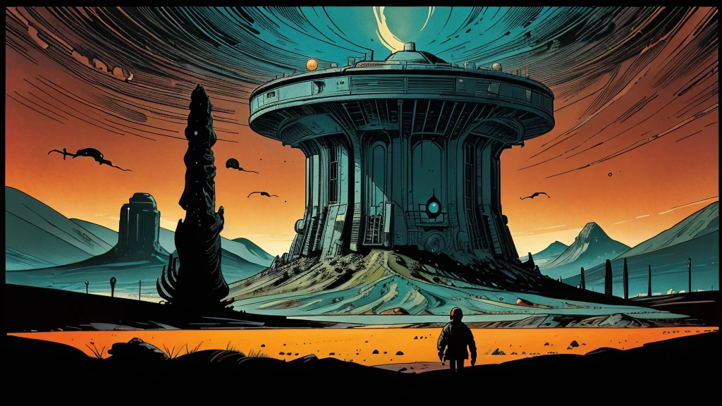 Use this prompt to create an image in the style of 1950s-70s comic book art. Use bold outlines, halftone patterns, and exaggerated perspective. Employ intense, saturated colors reminiscent of vintage four-color printing. Maintain a psychedelic, otherworldly atmosphere with swirling, colorful skies and strange celestial bodies. Emphasize the contrast between light and shadow to create a dramatic, pulp sci-fi feel. Create an image of: barren alien planet; no cities, no animals, no humans, no signs of life, only rock, clouds, lakes of methane and sulfur dioxide, poison rain, twisted formations
