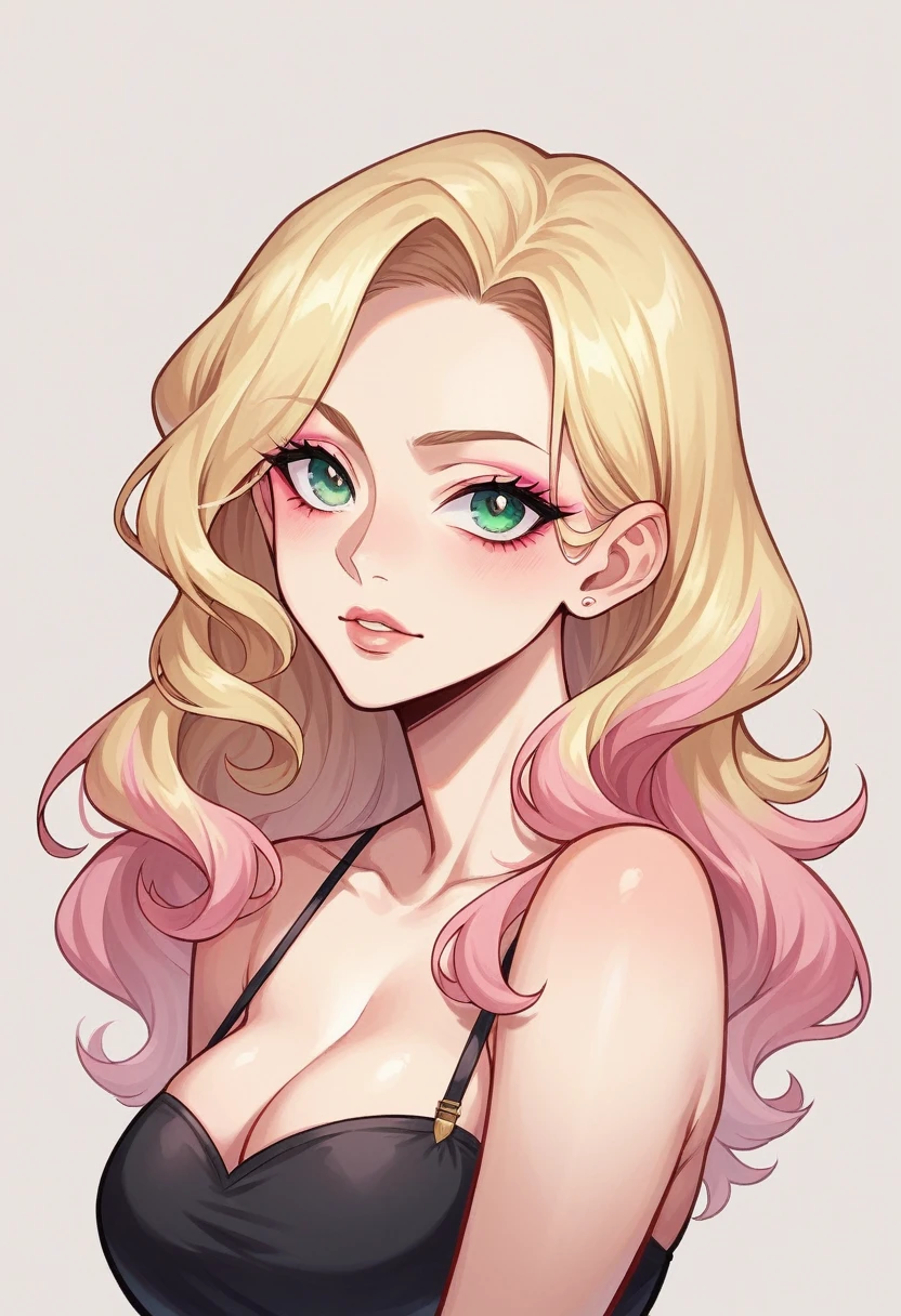 blond woman with pink eye makeup and black dress posing for a picture, a pastel by Zahari Zograf, shutterstock, aestheticism, blonde hair and large eyes, blonde hair with pink highlights, blonde and attractive features, with professional makeup, pink wispy hair, sexy face with full makeup, blonde beautiful young woman, beautiful blonde woman, blond hair green eyes
