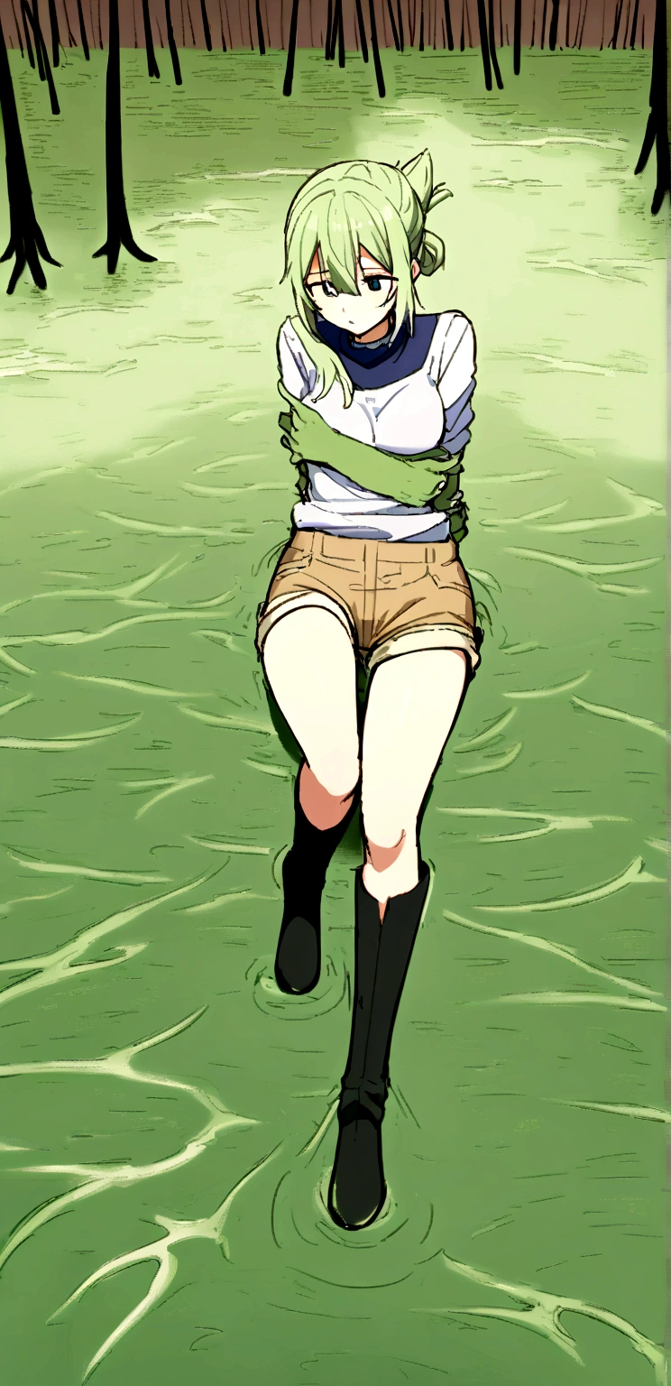 (Put your arms behind your back), (Swamp:2.3) ,茶色のSwamp Forest,Beige jean shorts,Black thigh-high boots,Swampに溺れる,Partially submerged,Bottomless Swamp,Folded ponytail,( Drowning in a swamp:1.2)