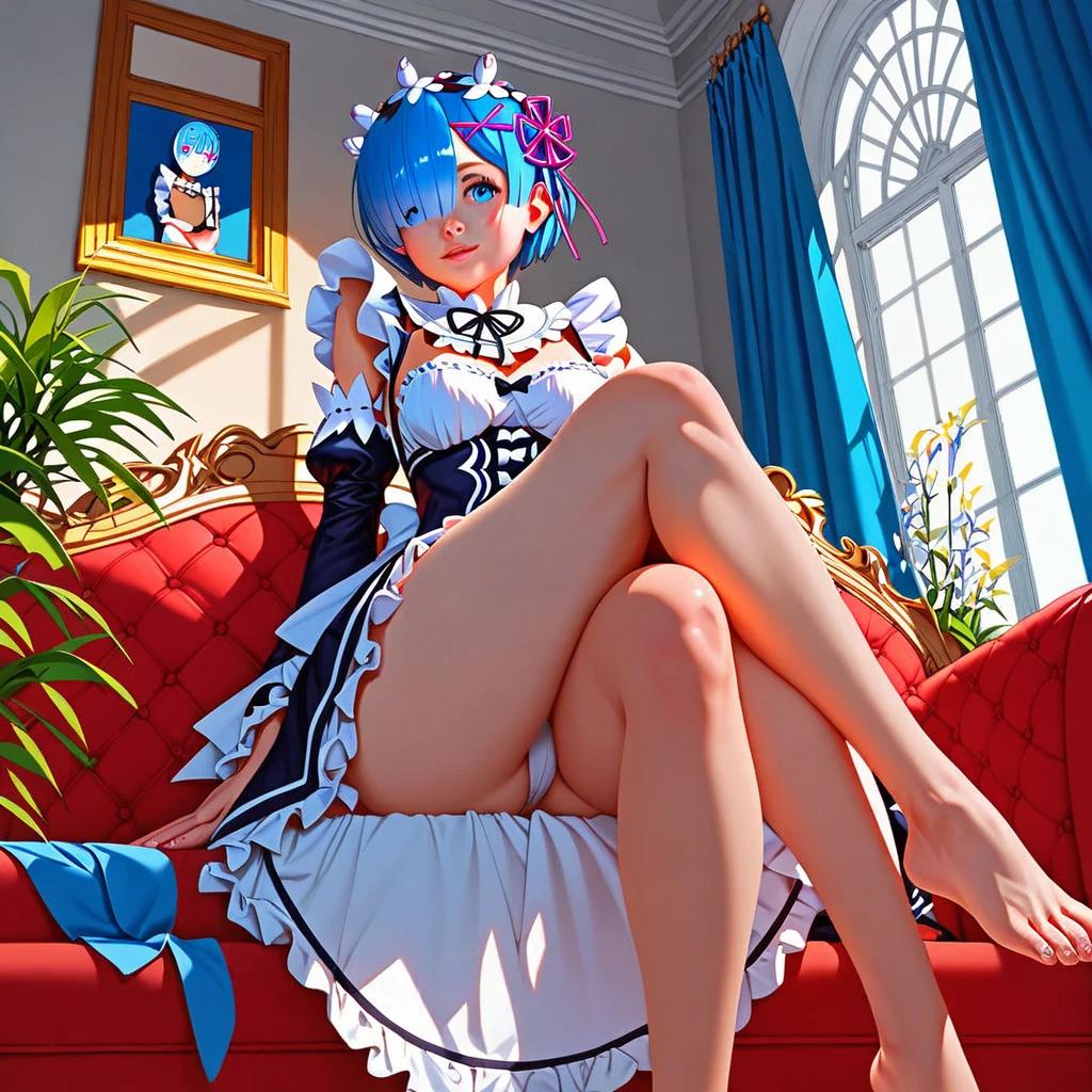score_9, score_8_up, score_7_up, rem_\(re:zero\)
blue_eyes,hair_over_one_eye,short_hair,blue_hair,hair_ribbon,roswaal_mansion_maid_uniform, 1girl, solo, sitting, crossed legs, from below
Masterpiece, best quality, detailed eyes, perfect face, award winning, hyper-realistic