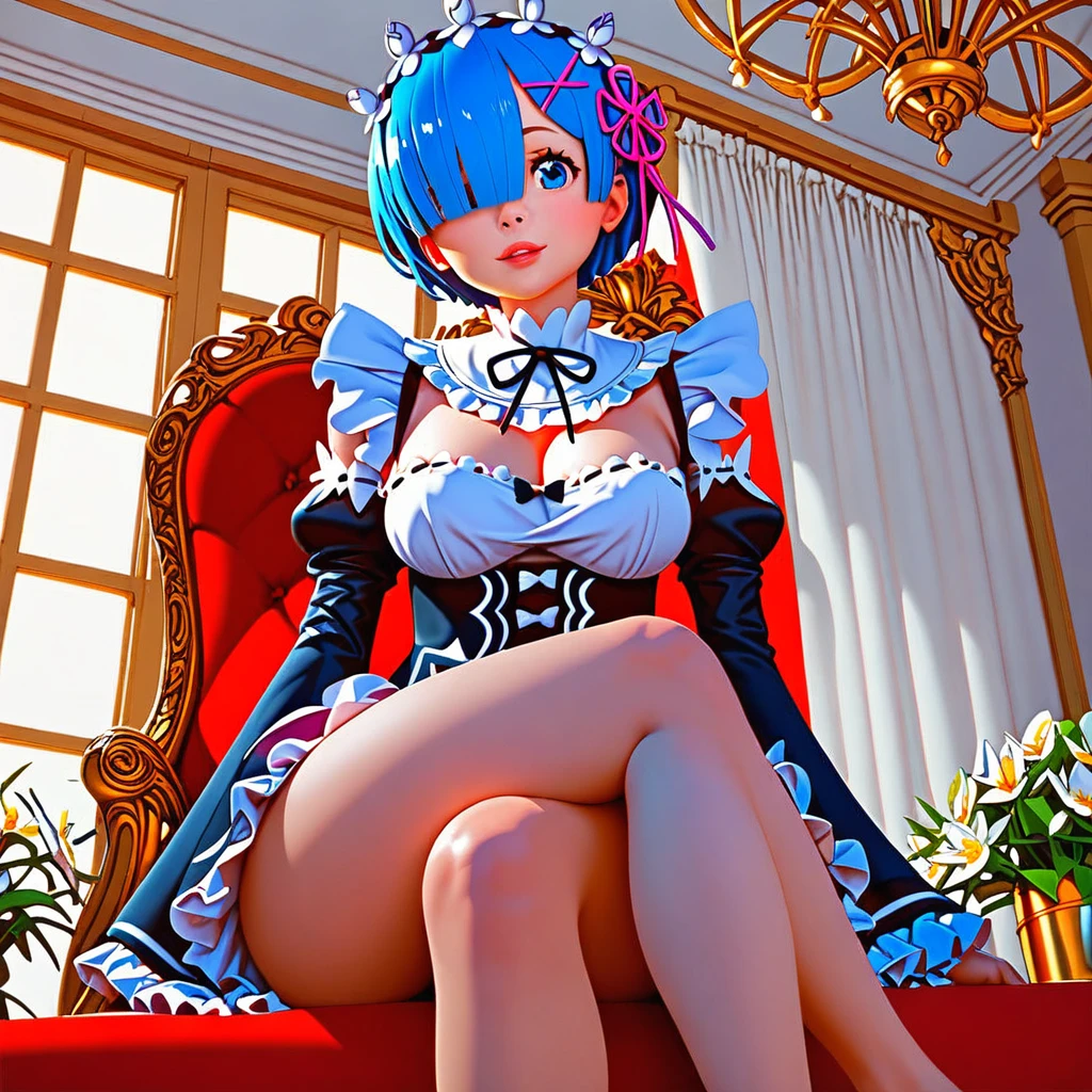 score_9, score_8_up, score_7_up, rem_\(re:zero\)
blue_eyes,hair_over_one_eye,short_hair,blue_hair,hair_ribbon,roswaal_mansion_maid_uniform, 1girl, solo, sitting, crossed legs, from below
Masterpiece, best quality, detailed eyes, perfect face, award winning, hyper-realistic