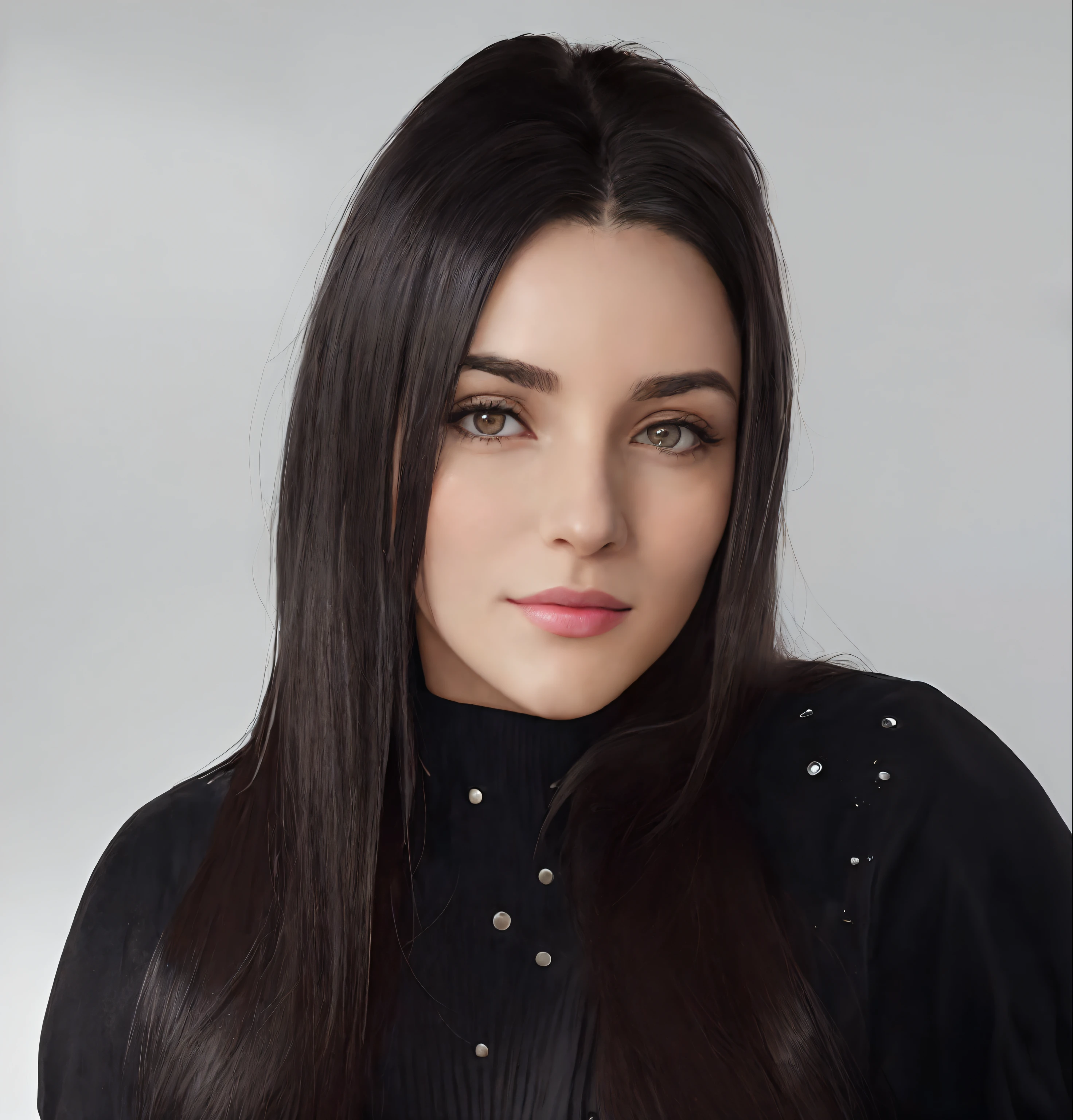 There is a woman with long hair and a black blouse, , profile image profissional, black hair and large eyes, profile image, professional image, alanis guillen, with straight black hair, in the background a room with computers
