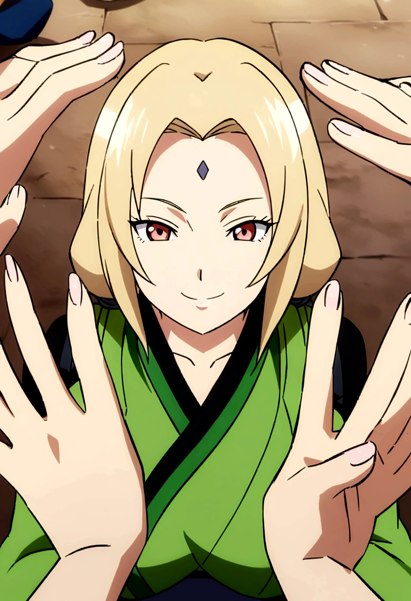 Tsunade Senju, anime style, POV type view, detailed, tsunade senju with hands stretched out in a way as if she were holding face with POV view, Tsunade Senju smiling at face with pov view