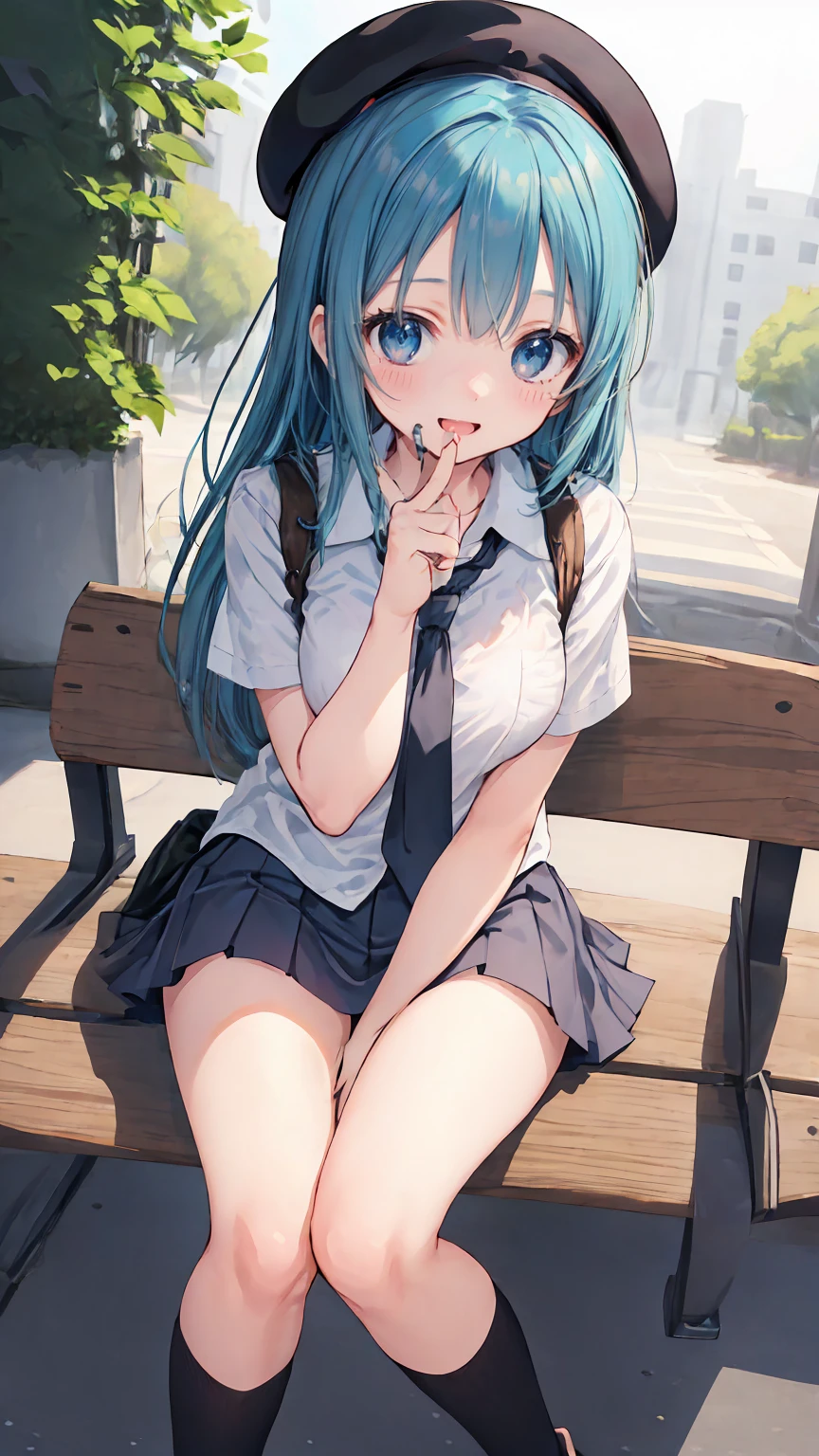 (masterpiece, highest quality), High resolution, Detailed_face:1.2, (anime_style:1.2), Sharpness, 4K, BREAK 1girl, A woman taking a photo, happy smile, Panic face, upset, Open your mouth, Long Hair, Green Hair, Straight hair, Fine skin, Beautiful Hands, Beautiful fingers, Wearing a beret, tie, Short sleeve blouse, Pleated skirt, Thighs, Absolute area, Knee socks, hand between legs, Hot summer day, School, Schoolyard, Sitting on a bench, drink tropical juice, Natural light, Sharp focus, Hasselblad Photography, Cinema Lighting, whole body, BREAK depth of field, professional lighting, cinematic lighting, lamplight, perfect light, sharp focus, looking at another, looking_away, 5_finger, 4_finger,1_thumb, perfect anatomy, perfect arms, perfect hand, perfect fingers, perfect legs, perfect toes,