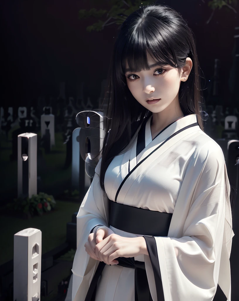 (Highest quality, 32k, High resolution, Masterpiece:1.5), marimo_jet, Ghosts wandering the cemetery at night, Expressing emotions, Have a rich imagination, Beautiful Japanese Girls, An exceptionally beautiful face, Small Face Beauty, , Perfect Human Anatomy, Magical big eyes, Motherhood and generosity, Deep Love, Fleeting Expression, Shiny black hair, Neat, super long, straight silk hair, Asymmetrical bangs, Hair between the eyes, Transparent, soft white skin, Sharp eyebrows, Thin lashes, Natural Makeup, ((Simple white kimono:1.3)), ((Japanese Cemetery:1.5)), ((Simple gravestone)), ((Midnight Darkness:1.7)), ((Pitch black night sky:1.2)), Professional photographer, Professional models