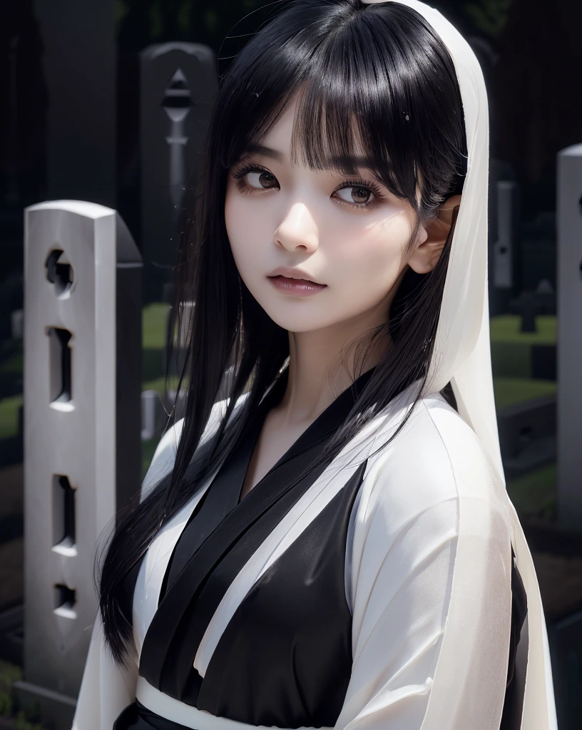 (Highest quality, 32k, High resolution, Masterpiece:1.5), marimo_jet, Ghosts wandering the cemetery at night, Expressing emotions, Have a rich imagination, Beautiful Japanese Girls, An exceptionally beautiful face, Small Face Beauty, , Perfect Human Anatomy, Magical big eyes, Motherhood and generosity, Deep Love, Fleeting Expression, Shiny black hair, Neat, super long, straight silk hair, Asymmetrical bangs, Hair between the eyes, Transparent, soft white skin, Sharp eyebrows, Thin lashes, Natural Makeup, ((Simple white kimono:1.3)), ((Japanese Cemetery:1.5)), ((Simple gravestone)), ((Midnight Darkness:1.7)), ((Pitch black night sky:1.2)), Professional photographer, Professional models