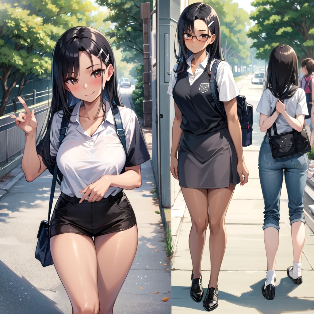 ((best quality)), ((masterpiece)), (details), one girl, sexy ((best quality)), ((masterpiece)), (details), one girl, sexy ((best quality)), ((masterpiece)), (details), one girl, full body, sexy expensive body, expensive, long legs, mature woman, mature, adult, it_nagatoro_main, Hayase Nagatoro, one girl, blushing, alone, uniform polo shirt, short sleeves, black hair, bag, brown eyes, hair accessory, looking at viewer, hair clip, outdoors, backpack, smiling, long hair, dark skinned woman, dark skin, , bangs, daytime, skirt, collared shirt, collarbone, ear clip, mouth closed, tree, asymmetrical bangs, upper body